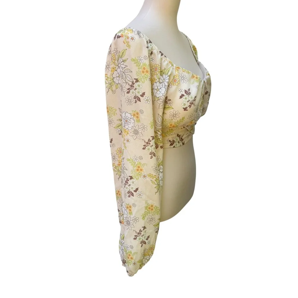 Madden NYC Floral Crop Top XL Yellow Retro Tie Back Long Sleeve Boho Festival - Picture 6 of 10